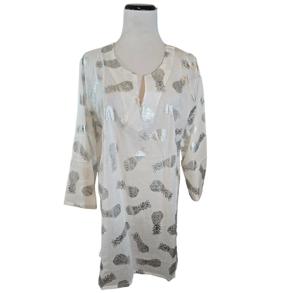 White Waves Silver Metallic Pineapple Cotton Tunic Top White Beach Cover size L